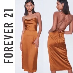 Forever21 Copper brown Satin Cowl Neck Midi slip Dress spaghetti straps S